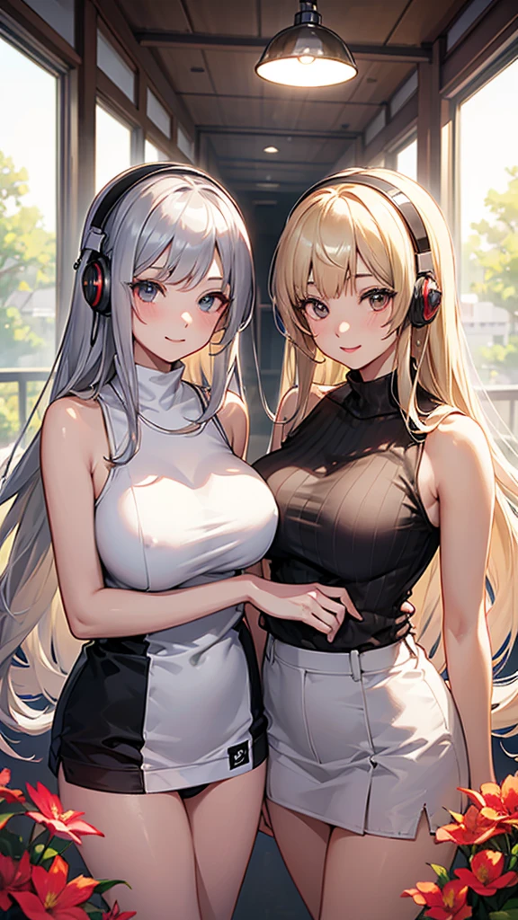 smile、Red cheeks、Official Art, masterpiece, Highest quality,Portrait of two girls、, JK,Tank top、(silver, metallic, ) 8K, Blonde, High resolution, ( flower_Styler:1.2)(headphone:1.2),(Excellent rendering, Stand out in the same class), (Amazing details, Excellent lighting, Wide-angle), Big Breasts(0.6), Absolute area, Detailed Background、Panty shot