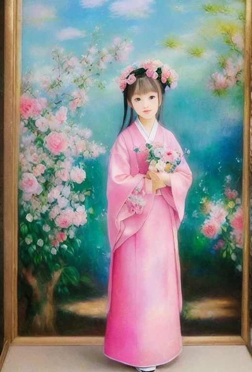 kawaii、Pale pink color illustration、(Angel wings、😇、a smile、😌🥰Archaic Smile).hyper realstic、Ultra-realistic、Depiction of the human body without distortion、Monna Lisa、Woman in the Arms、Near and far law、Three-dimensional、Contemporary painting、moderno、world masterpiece、collection、Homage to the art or artist work of Picasso and Renoir, Not sentimental、Excellent portrayal、Gentle expression、More detailed character faces, Serious competition、Compositions like paintings、(Konmutsuki_Gacha_Series 1, punk_rosette), Realistic、Delicate brushwork、aqua color flowers, (Full body, elegant flowers background)