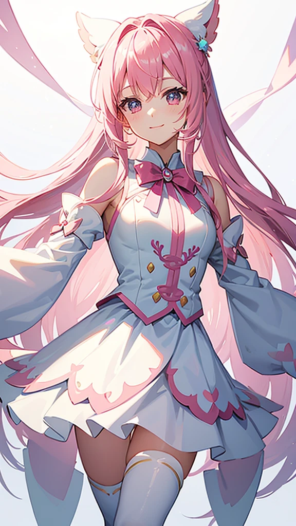 Magical girl White costume mini skirt Pink long hair No sleeve Ribbon in hair smile Great style Directly facing universe