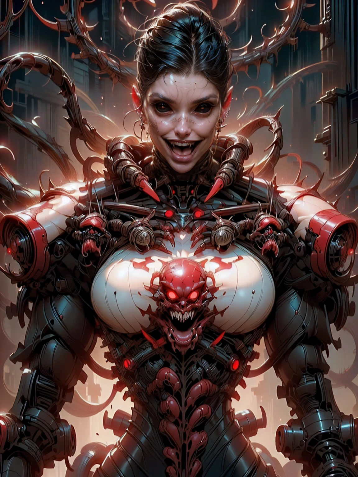 (((beautiful girl face))), (((megan fox as a beautiful vampiric girl with a muscular red carnage body))), (((red carnage anatomic muscular bio-mecha muscle suit))), (((body totally covered in muscles, veins, tendons))), (((perfect muscular ))), (((wide shoulders and upper body))), (((slim waist))), (((long hair))), (((perfect hands:))), 