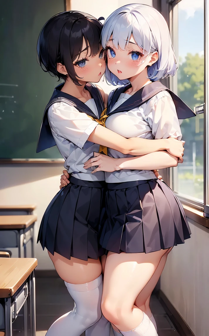 (Cute eyes:1.2), (classroom:1.2),(Beautiful Eyes:1.2), Highest quality,wonderful,finely,Highly detailed CG Unity 8k wallpaper, (Hug from behind:1.5),(Put your hand in the skirt:1.3),(sexual harassment:1.2),(kiss:1.3),(Two people with height difference:1.5), (Two Girls, Sailor suit, Skinny body, Dressed), (Huge breasts), (Open your mouth:1.1),(White knee socks:1.3),(Thighs:1.3),(Waistline:1.2),(お揃いのSailor suit:1.2),(From behind:1.2),(Beautiful eyes:1.2),(Different hairstyle),(They both have different eye colors:1.5),(They both have different skin colors:1.5),(Thighsまで隠れるニーソックス:1.2),(Very short skirt:1.3),(Arms don&#39;t stick together:1.2)