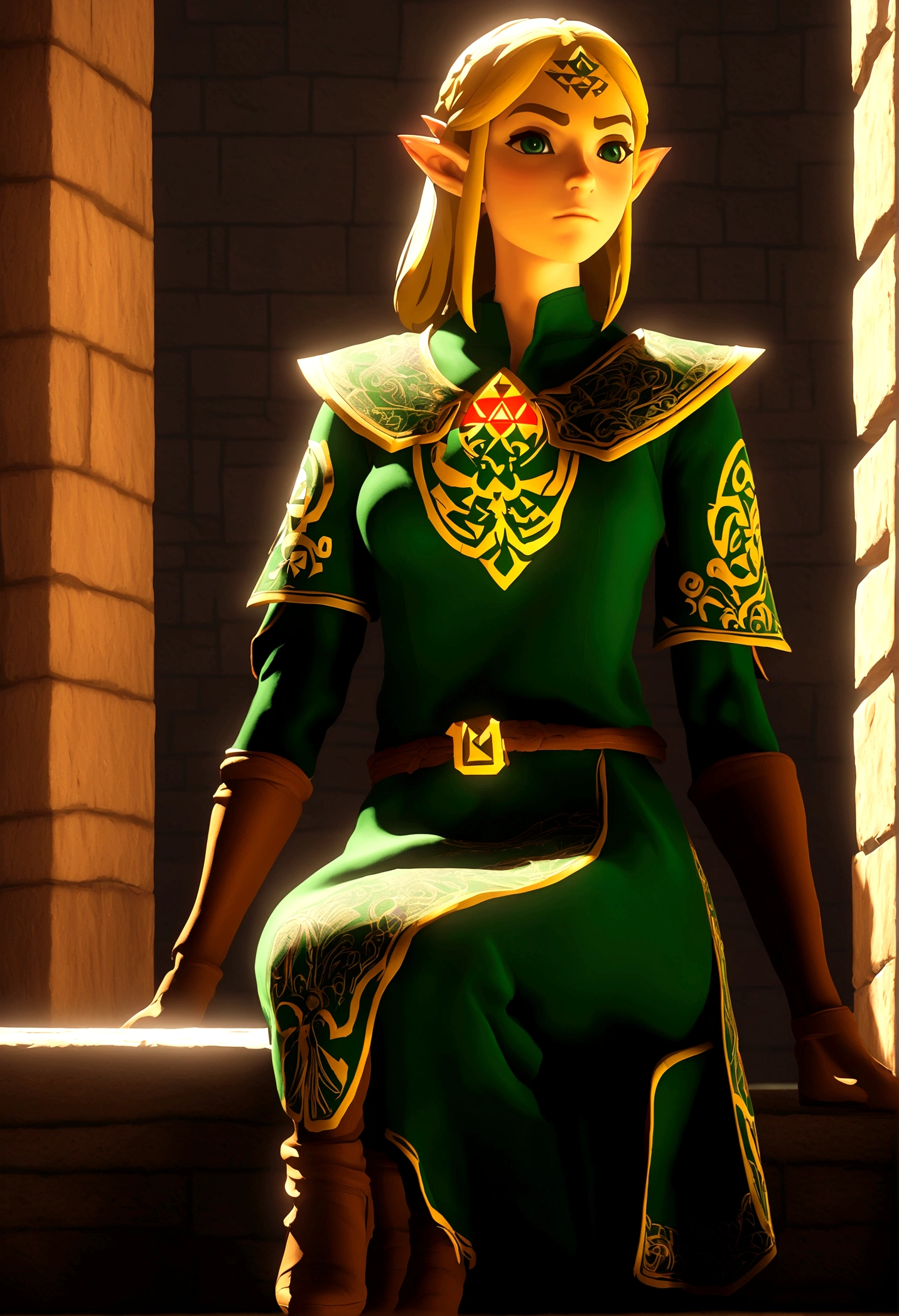 ((Realistic, photorealistic: 1.37), Legend of Zelda inspired, mature woman, intricate details, high-definition RAW color photos, professional close-up shots, (high quality), (best shadows), (best illustrations), classic Zelda outfit with a twist, (big green eyes), (full body shot: 1.2), especially strong light, (detailed hair: 1.2), (tall stature), (sensual pose: 1.2), Sharpshooter Hylian, (NSFW), (legendary allure), (sexy: 1.2), (idle), sitting on a throne