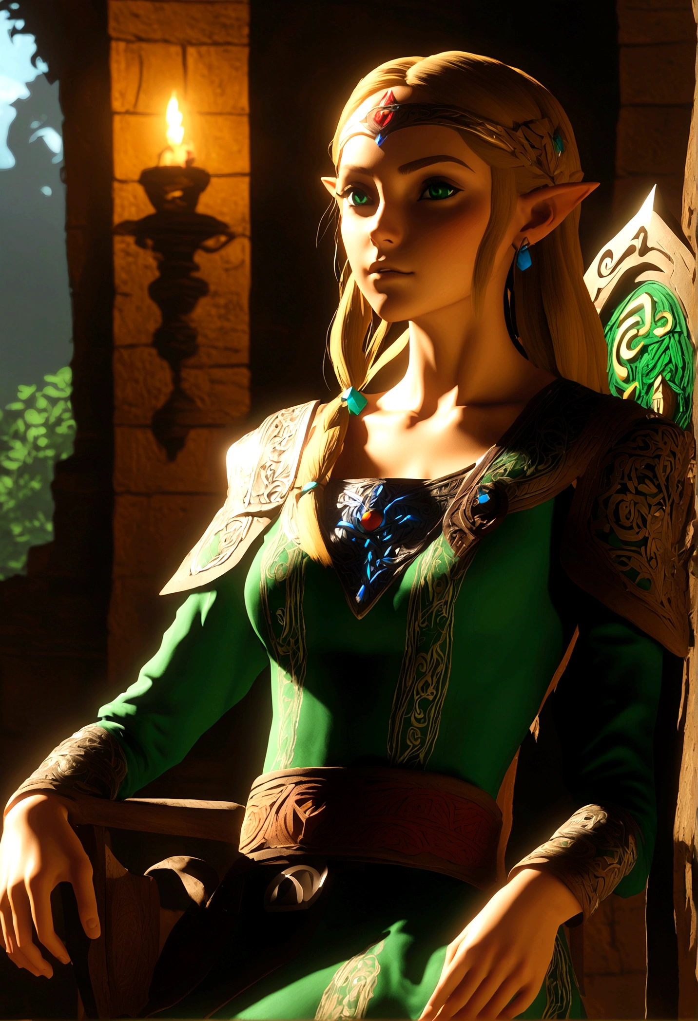 ((Realistic, photorealistic: 1.37), Legend of Zelda inspired, mature woman, intricate details, high-definition RAW color photos, professional close-up shots, (high quality), (best shadows), (best illustrations), classic Zelda outfit with a twist, (big green eyes), (full body shot: 1.2), especially strong light, (detailed hair: 1.2), (tall stature), (sensual pose: 1.2), Sharpshooter Hylian, (NSFW), (legendary allure), (sexy: 1.2), (idle), sitting on a throne