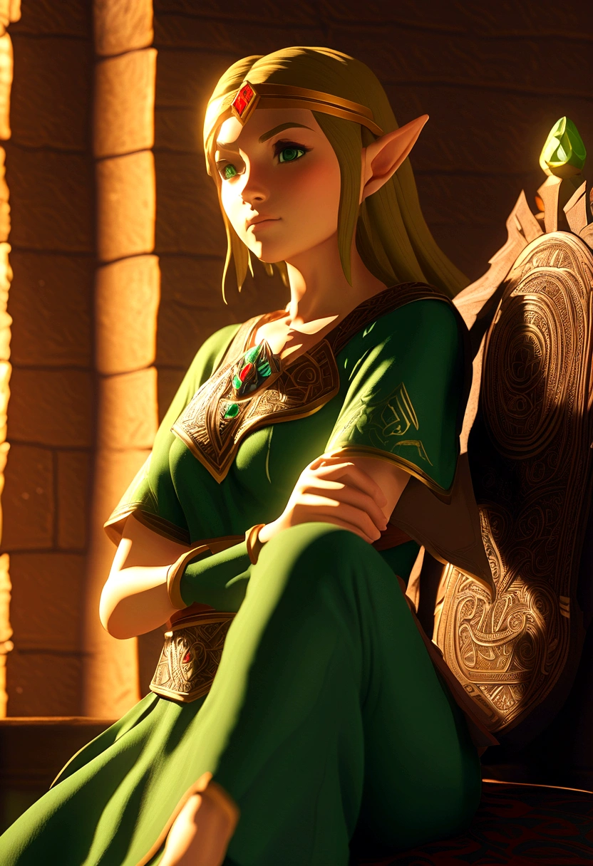 ((Realistic, photorealistic: 1.37), Legend of Zelda inspired, mature woman, intricate details, high-definition RAW color photos, professional close-up shots, (high quality), (best shadows), (best illustrations), classic Zelda outfit with a twist, (big green eyes), (full body shot: 1.2), especially strong light, (detailed hair: 1.2), (tall stature), (sensual pose: 1.2), Sharpshooter Hylian, (NSFW), (legendary allure), (sexy: 1.2), (idle), sitting on a throne