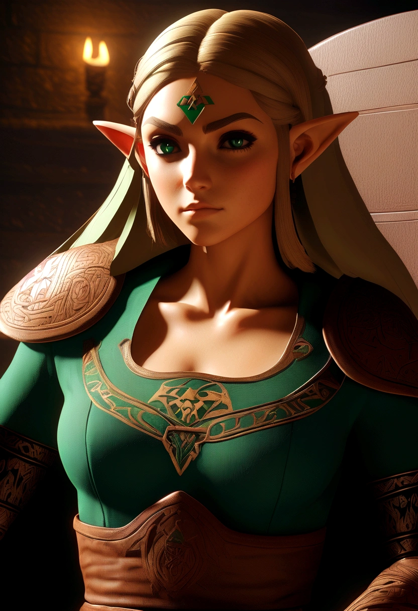 ((Realistic, photorealistic: 1.37), Legend of Zelda inspired, mature woman, intricate details, high-definition RAW color photos, professional close-up shots, (high quality), (best shadows), (best illustrations), classic Zelda outfit with a twist, (big green eyes), (full body shot: 1.2), especially strong light, (detailed hair: 1.2), (tall stature), (sensual pose: 1.2), Sharpshooter Hylian, (NSFW), (legendary allure), (sexy: 1.2), (idle), sitting on a throne