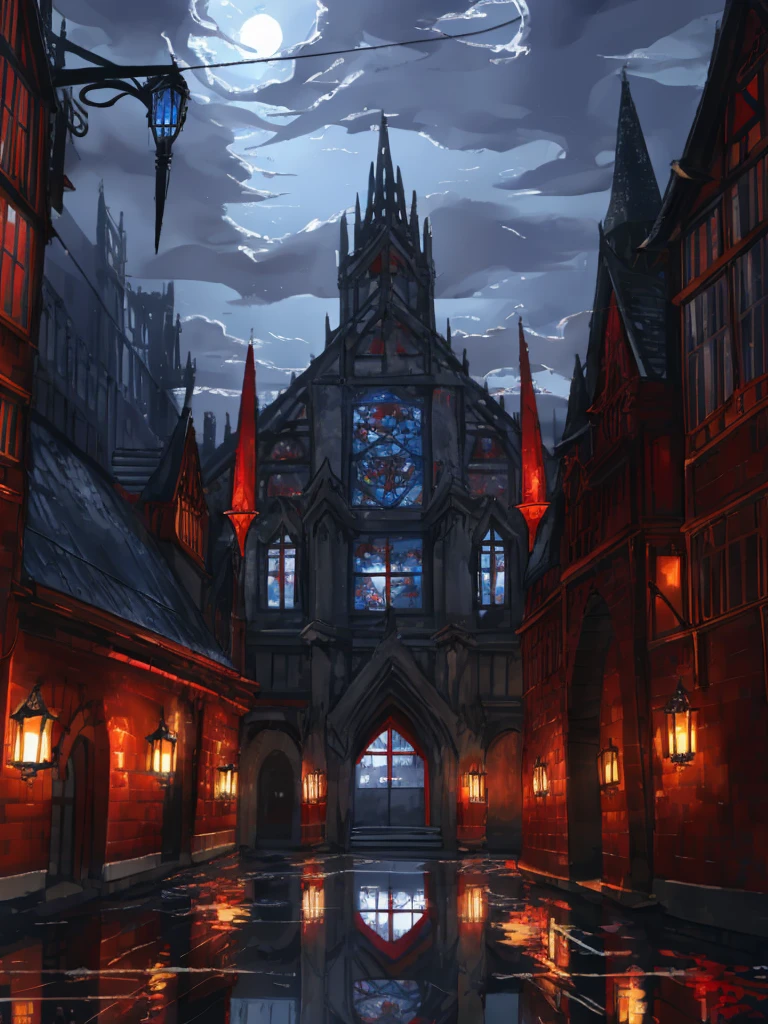 furry,sclera，red iris，Red Wolf，White Wolf，Hybrid Wolf,,Lights and reflections, heavily clouded, Architecture of medieval Europe, Glazed tiles,Hell version of the background