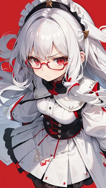 Super delicate white-haired cute girl, 1 Girl, Small Breasts, Long hair, curls, Red Eye, Wearing glasses , Researcher  , feel sad