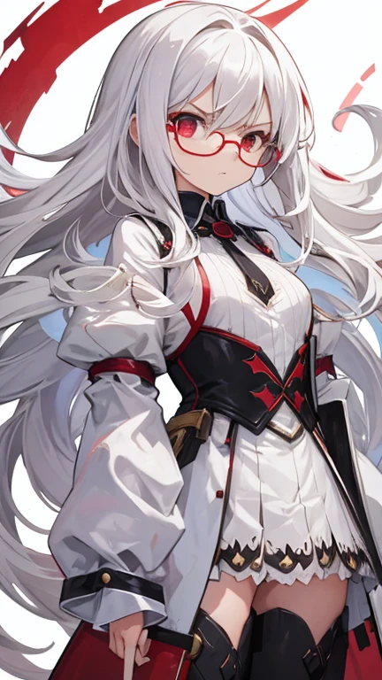 Super delicate white-haired cute girl, 1 Girl, Small Breasts, Long hair, curls, Red Eye, Wearing glasses , Researcher  , feel sad