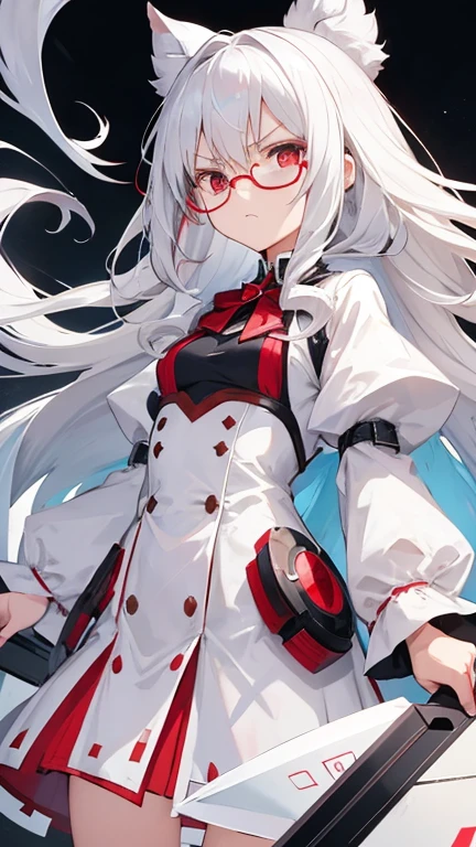 Super delicate white-haired cute girl, 1 Girl, Small Breasts, Long hair, curls, Red Eye, Wearing glasses , Researcher , An angry expression