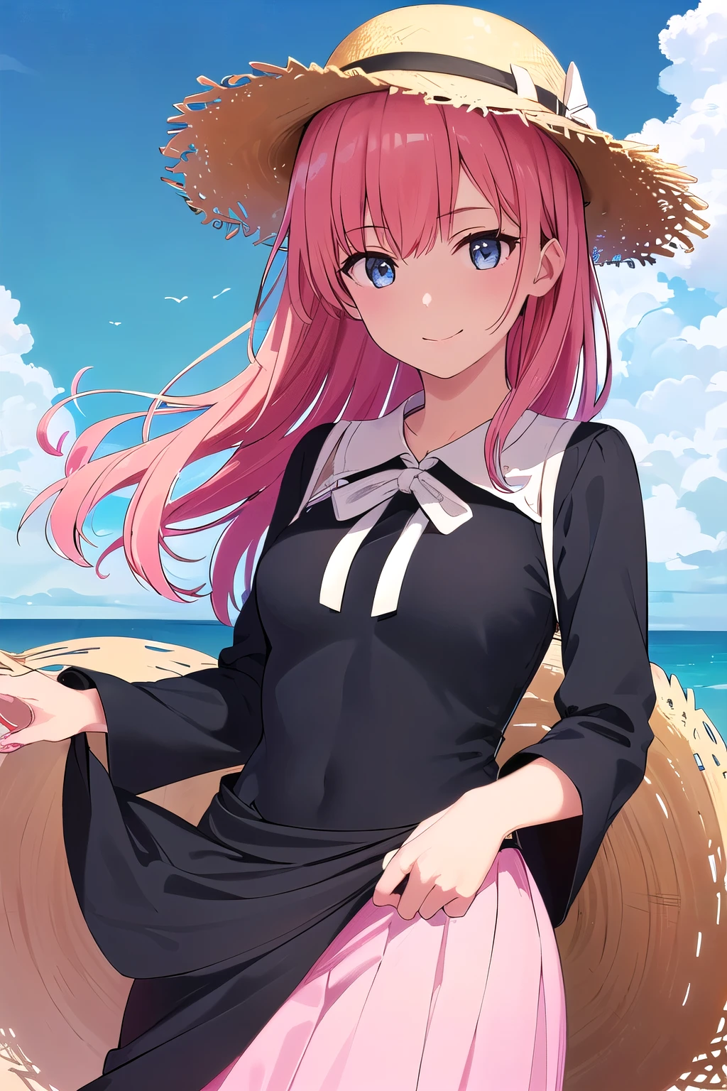 (8K, top-quality, masterpiece:1.2), (reallistic, Photorealsitic:1.37), Super Detail, One girl,), (Highly detailed), (beautifully detailed eyes), (of the highest quality), (super detailed ), (masterpiece), (Detailed face),20yr old, ,1 girl, ((pink hair,long hair)), medium breasts, clothed, Perfect Lighting, BREAK, (black tight dress:1.5), (long skirt:1.3), (embroidered hem:1.2), (Black high-gloss tights: 1.3), (white sandals:1.2), (straw hat:1.5), (white ribbon:1.3), (summer:1.4), (lightweight fabric:1.2), BRAKE, (upper body to thighs:1.2), (long pink hair:1.3), (gentle smile:1.2), (face slightly up:1.2), (holding a straw hat:1.2), (summer sky with cumulus clouds:1.4), (backlit:1.2), BRAKE