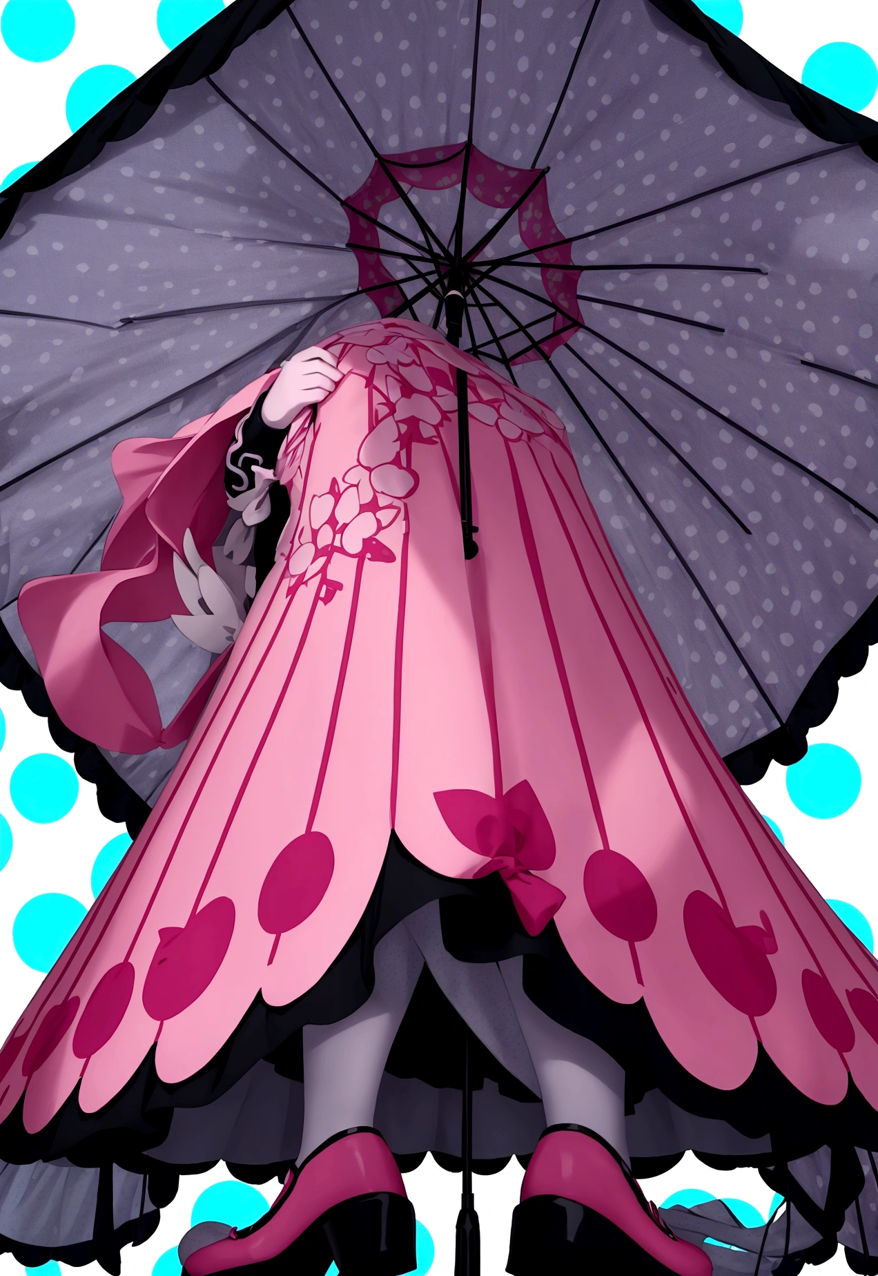 Stylish animated highschool gal transparent silhouette, brightly colored many umbrellas and polka dot background,