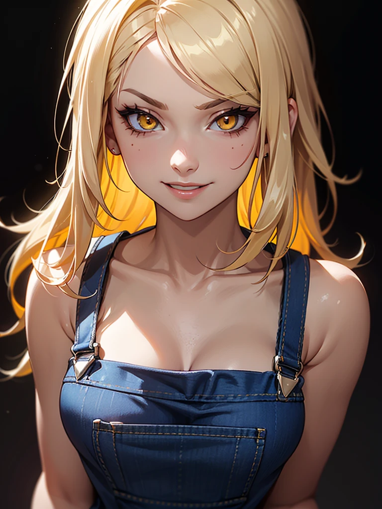 ((Portrait Photo)), She has a Confident and Assertive Appearance, with a Slim yet Toned Build and Fair Skin. She Expresses an Energetic and Self-Assured Look, Giving Off a Mischievous Glint and a Playful Smirk. She has Striking Yellow Eyes, and Her Hair is Platinum Blonde Gradiant, styled in Loose Waves. She Wears a White V-Neck Tank Top Under Slightly Worn Denim Overalls Shorts with Frayed Edges. ((Portrait Photo, HDR, Dark Background))