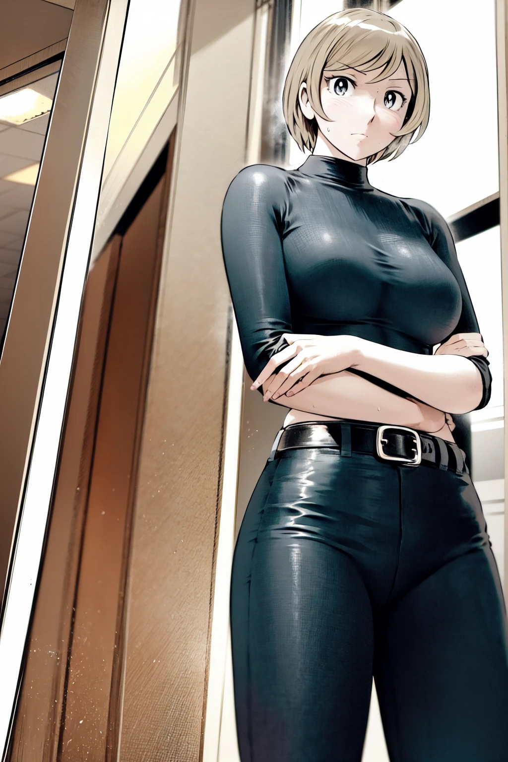 、(masterpiece、Highest quality)、Highest quality, Ultra-high resolution, (((masterpiece))), alone, Sweat、Big eyes,Tight black shirt、Tight white pants、belt、indoor、Composition from the front、(Cut the back hair short、short hair、blonde、woman)、Shortcuts、Embarrassed face、Cut your hair short、可愛いwomanの子、Big Breasts、office