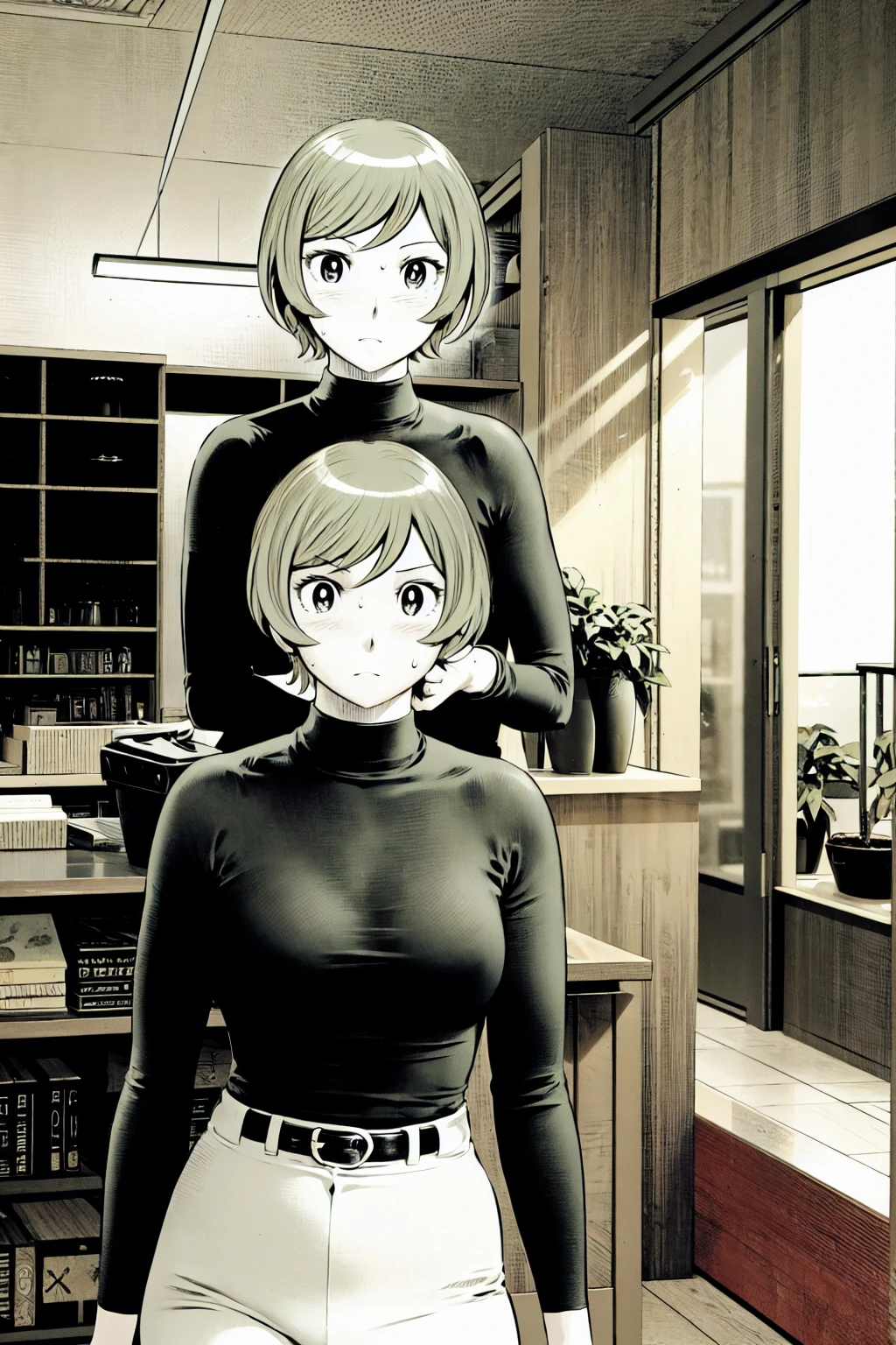 、(masterpiece、Highest quality)、Highest quality, Ultra-high resolution, (((masterpiece))), alone, Sweat、Big eyes,Tight black shirt、Tight white pants、belt、indoor、Composition from the front、(Cut the back hair short、short hair、blonde、woman)、Shortcuts、Embarrassed face、Cut your hair short、可愛いwomanの子、Big Breasts、office