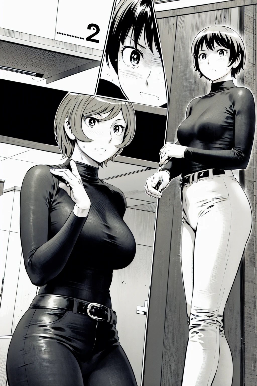 、(masterpiece、Highest quality)、Highest quality, Ultra-high resolution, (((masterpiece))), alone, Sweat、Big eyes,Tight black shirt、Tight white pants、belt、indoor、Composition from the front、(Cut the back hair short、short hair、blonde、woman)、Shortcuts、Embarrassed face、Cut your hair short、可愛いwomanの子、Big Breasts、office