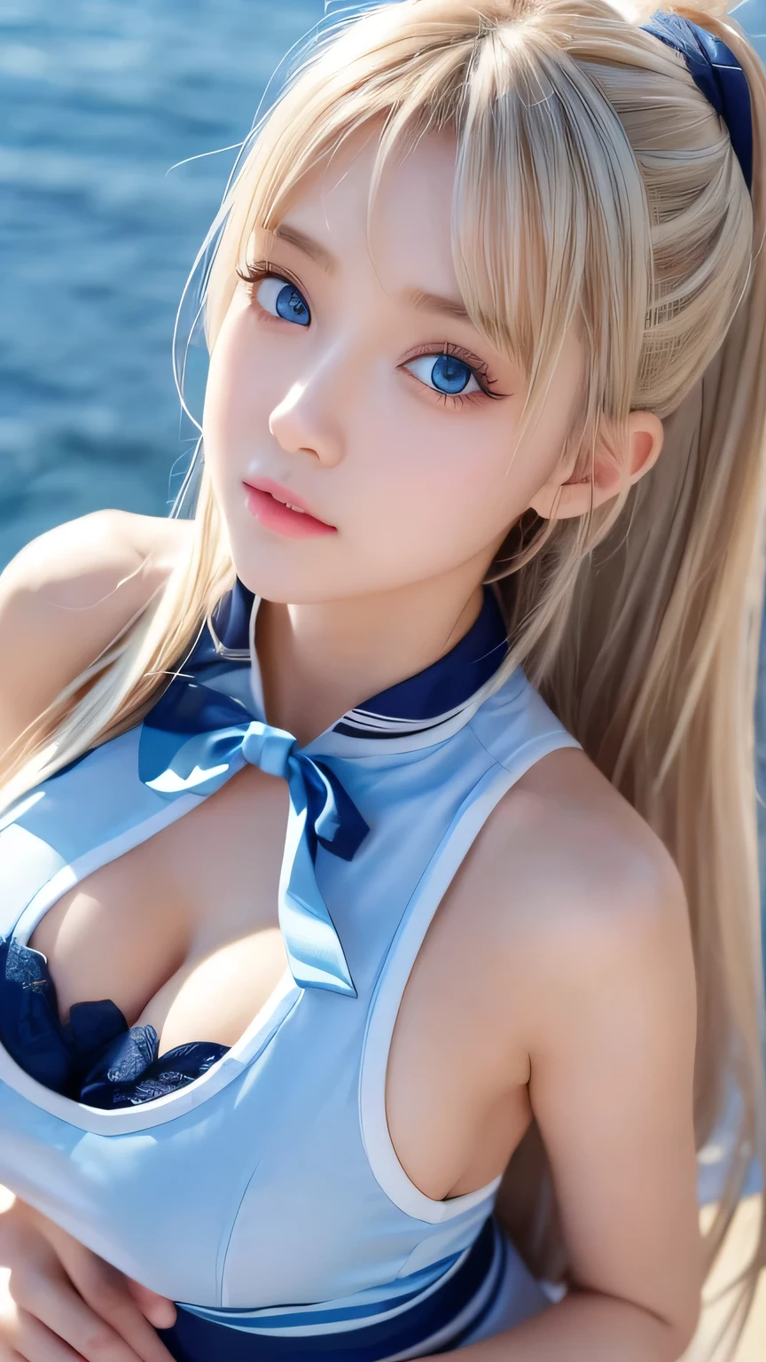 15 year old beautiful blonde girl、A beautiful girl、Very adorable face、Very lovely face、Bright expression、Authentic photo quality、Extraordinary sexy beauty、white, Shiny smooth Very white and bright skin、 ponytail、beautiful bangs、((Smooth, shiny, super long, natural blonde)),Super long, straight, silky hair、Looking at the camera、Very perfect cute beautiful sexy young tiny woman、Very perfect beautiful and cute face、beautiful, clear, Big eyes、Light blue eyes、Big and ample breasts、、Japanese Sailor Suit、Pretty face、Small Face Beauty、Gloss Face、Cheek gloss、Big, bright, marine blue eyes