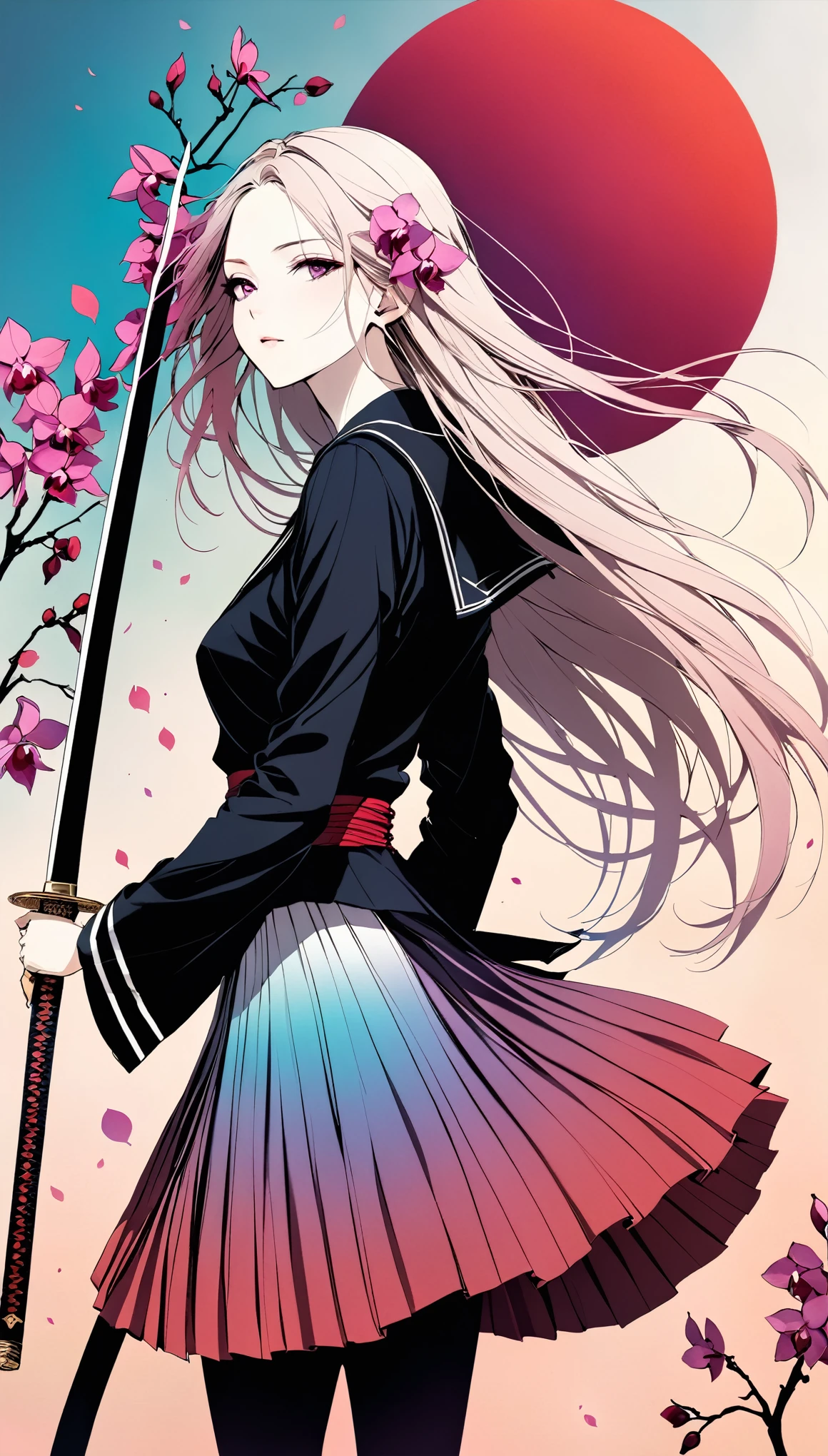 in style of Santiago Caruso:1.1), 1 Girl, Black sailor suit pleated skirt, (Blurred foreground), orchid, White long hair blowing in the wind, (((Background blur))), Red sphere background, Standing, Japanese sword, Holding a Japanese sword, (Eyes covered by orchids),colorful, (Diffuse gradient color:1.5), Hands on the hilt and scabbard, illustration