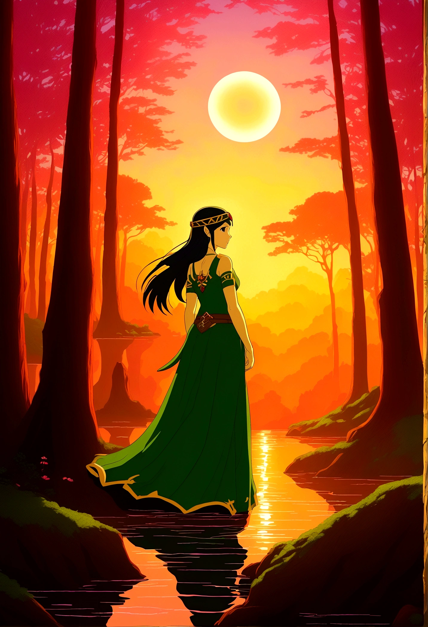 In a mesmerizing piece of milf-style art inspired by "The Legend of Zelda", a captivating woman is depicted. With a timeless allure, she dons an elegant dress that echoes the classic Zelda attire, complete with a green tapestry and a gold Hylian crest. Her hair, cascading in loose waves, is a brilliant blend of auburn and gold, reminiscent of the vibrant autumn leaves of Hyrule. A subtle hint of red blush graces her high cheekbones, adding a touch of charm and youthfulness to her otherwise mature features. Her eyes, sparkling with an inexplicable depth, are a mesmerizing shade