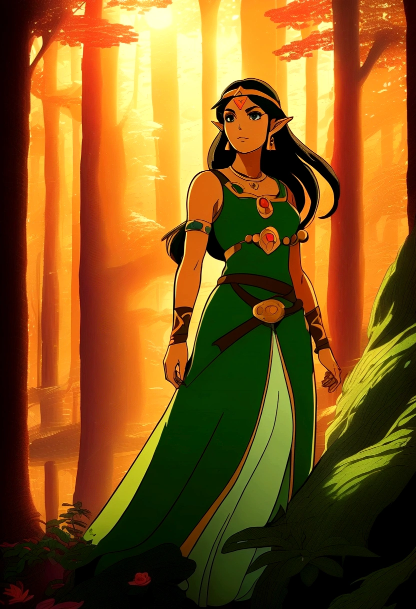 In a mesmerizing piece of milf-style art inspired by "The Legend of Zelda", a captivating woman is depicted. With a timeless allure, she dons an elegant dress that echoes the classic Zelda attire, complete with a green tapestry and a gold Hylian crest. Her hair, cascading in loose waves, is a brilliant blend of auburn and gold, reminiscent of the vibrant autumn leaves of Hyrule. A subtle hint of red blush graces her high cheekbones, adding a touch of charm and youthfulness to her otherwise mature features. Her eyes, sparkling with an inexplicable depth, are a mesmerizing shade