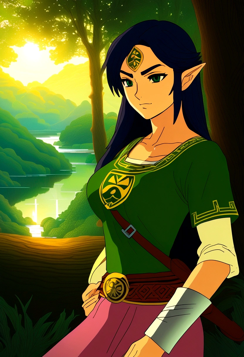 In a mesmerizing piece of milf-style art inspired by "The Legend of Zelda", a captivating woman is depicted. With a timeless allure, she dons an elegant dress that echoes the classic Zelda attire, complete with a green tapestry and a gold Hylian crest. Her hair, cascading in loose waves, is a brilliant blend of auburn and gold, reminiscent of the vibrant autumn leaves of Hyrule. A subtle hint of red blush graces her high cheekbones, adding a touch of charm and youthfulness to her otherwise mature features. Her eyes, sparkling with an inexplicable depth, are a mesmerizing shade