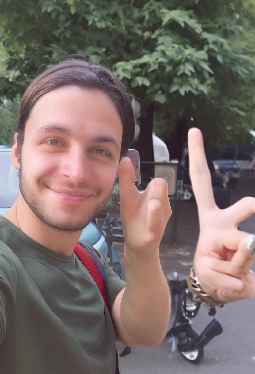 selfie making a peace sign with the left hand