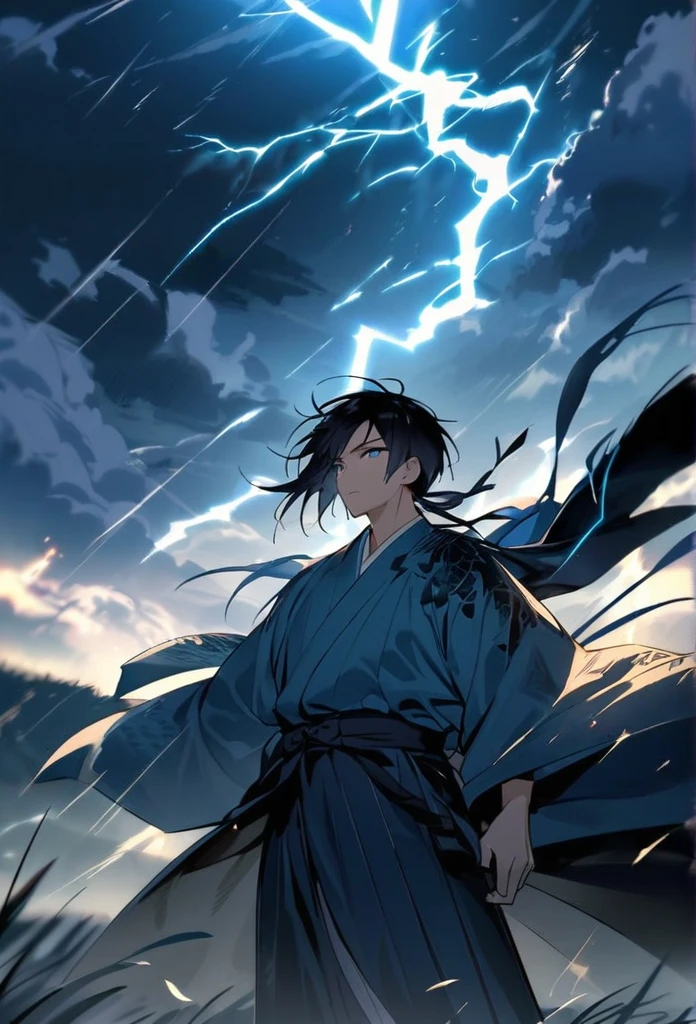 A man with long black hair and a blue kimono is standing in front of me.。Hair fluttering in the wind。A violent lightning strike with a blue glow behind it。rain。grassland。Night Sky。Big thunder。Oriental dragon flying in the sky。storm