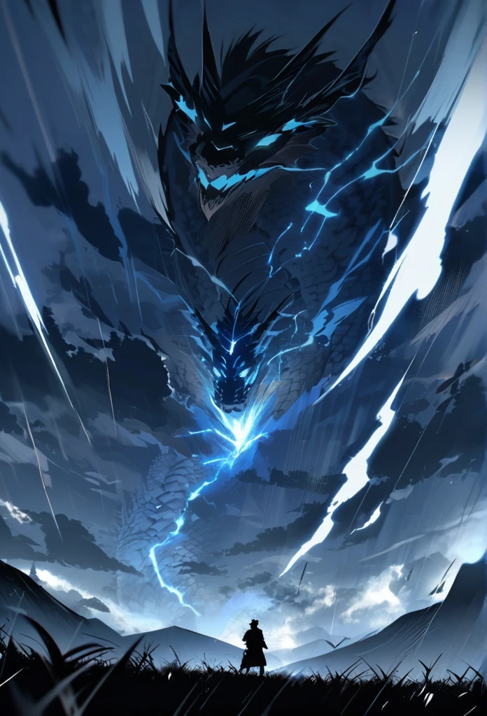 A man with long black hair and a blue kimono is standing in front of me.。Hair fluttering in the wind。A violent lightning strike with a blue glow behind it。rain。grassland。Night Sky。Big thunder。Oriental dragon flying in the sky。storm