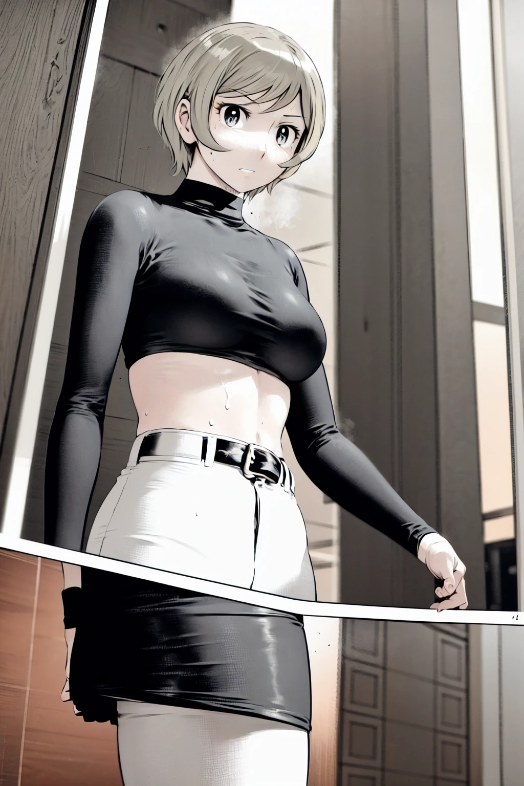 、(masterpiece、Highest quality)、Highest quality, Ultra-high resolution, (((masterpiece))), alone, Sweat、Big eyes,Tight black shirt、Tight white pants、belt、indoor、Composition from the front、(Cut the back hair short、short hair、blonde、woman)、Shortcuts、Embarrassed face、Cut your hair short、可愛いwomanの子、Big Breasts、office