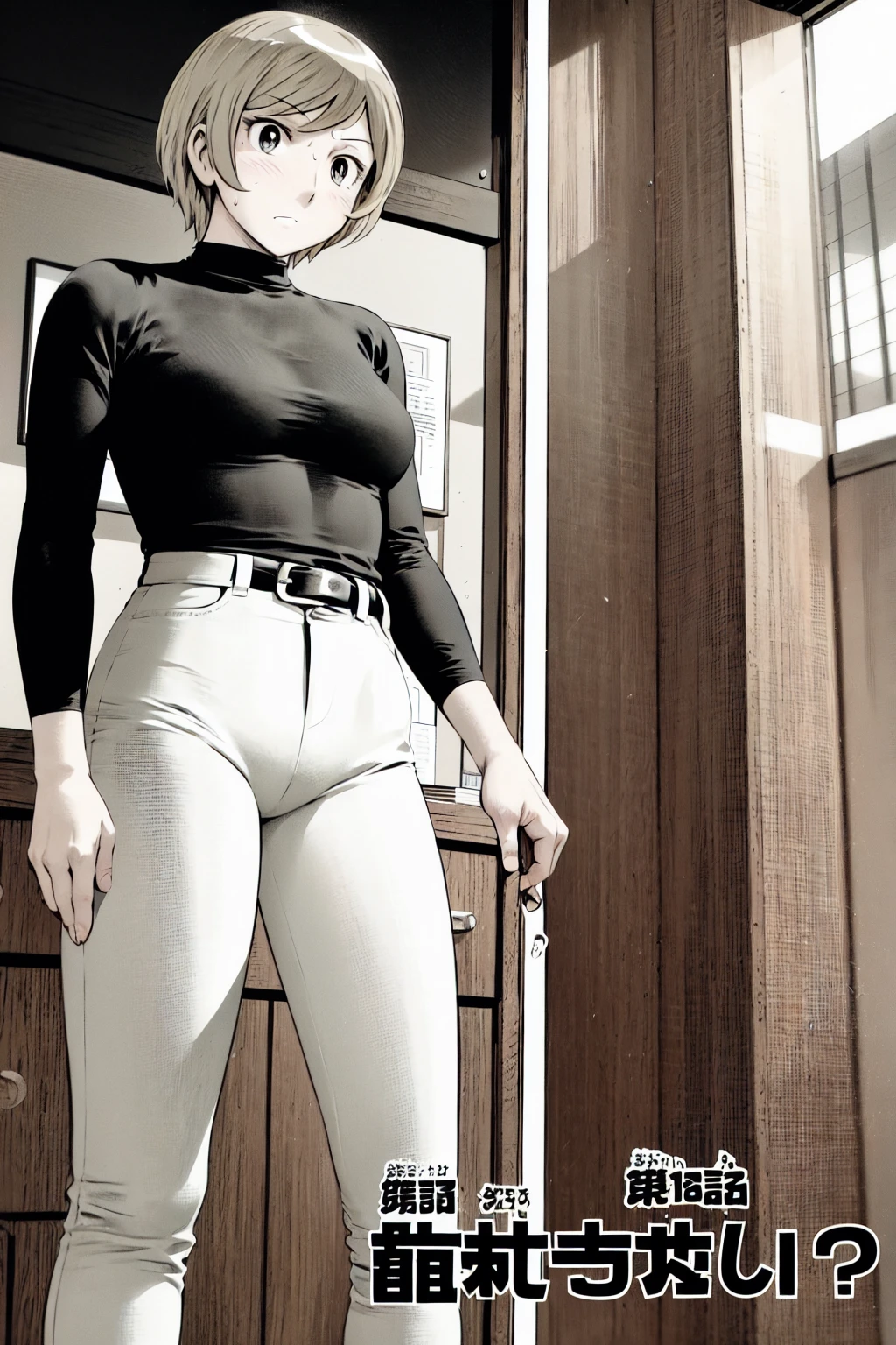 、(masterpiece、Highest quality)、Highest quality, Ultra-high resolution, (((masterpiece))), alone, Sweat、Big eyes,Tight black shirt、Tight white pants、belt、indoor、Composition from the front、（Cut the back hair short、short hair、blonde、woman）、Shortcuts、Embarrassed face、Cut your hair short、可愛いwomanの子、Big Breasts、office