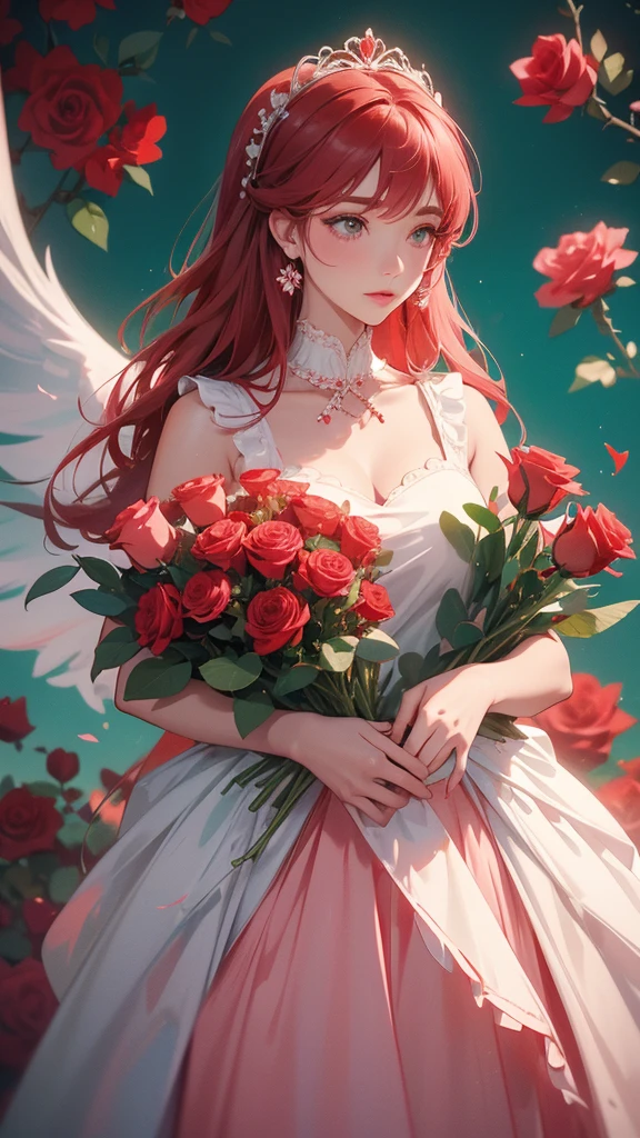 The image depicts a person holding a large, heart-shaped arrangement of red roses against a teal background. The individual is wearing a pale pink or white outfit that contrasts with the vibrant red roses. The overall scene exudes a romantic and perhaps celebratory atmosphere.
