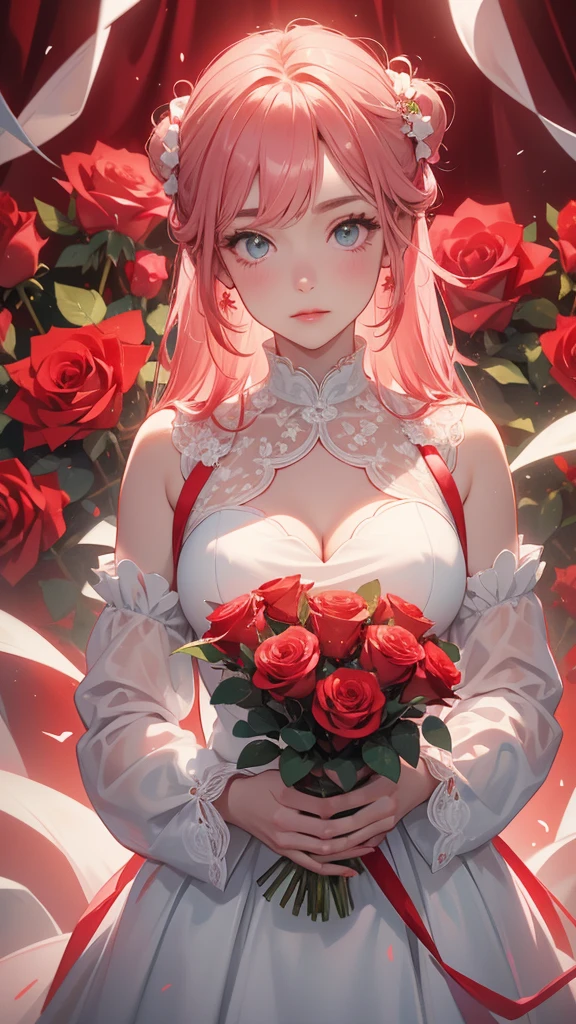 The image depicts a person holding a large, heart-shaped arrangement of red roses against a teal background. The individual is wearing a pale pink or white outfit that contrasts with the vibrant red roses. The overall scene exudes a romantic and perhaps celebratory atmosphere.
