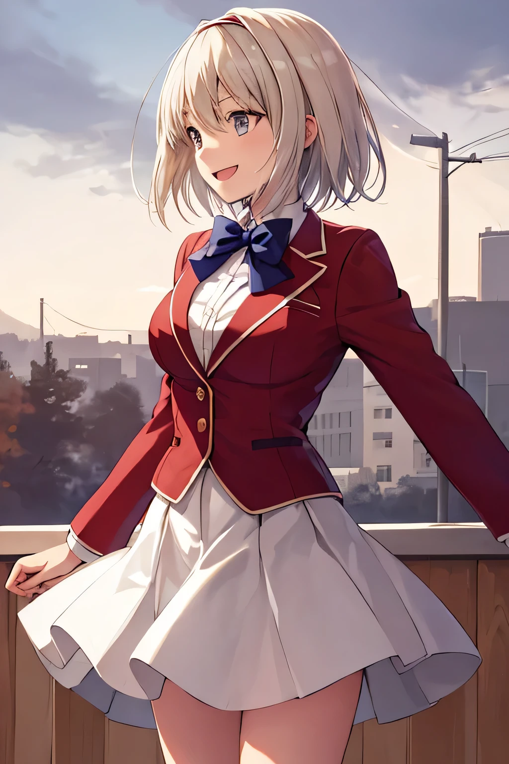 masterpiece, Highest quality, High resolution, Akio, short hair, Hair Intake, White hair band, Blue bow tie, Collared shirt, blazer, Red jacket, Long sleeve, White Skirt, Pleated skirt, Black socks, Cowboy Shot, Are standing, Outdoor, straight, Place your arms at your sides, smile, Open your mouth,profile