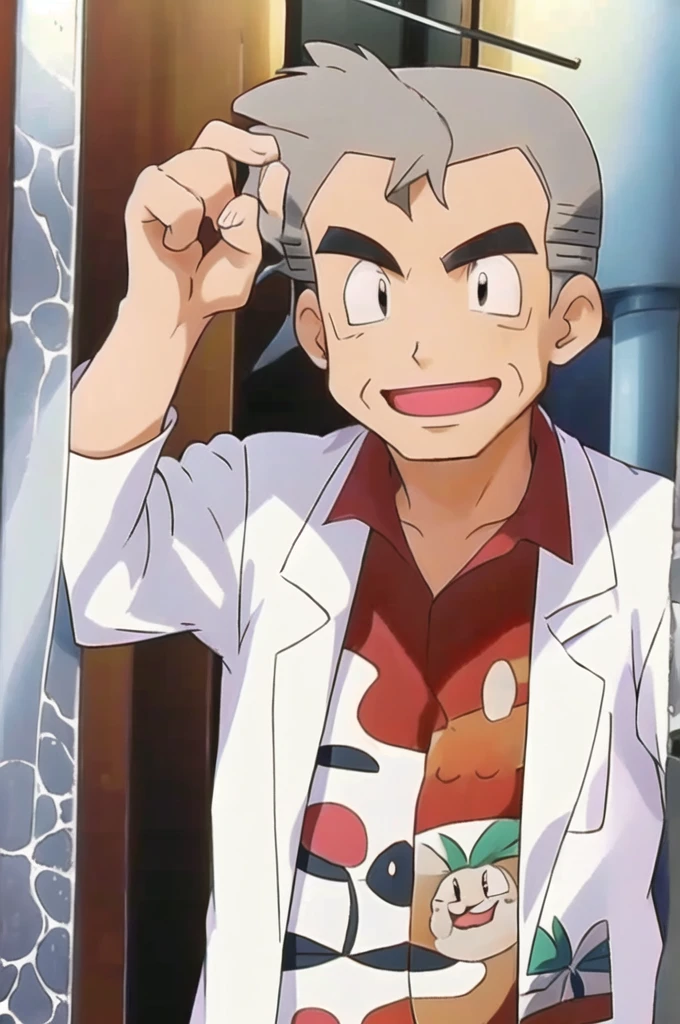 (masterpiece, best quality:1.2),1boy,solo,samuel oak \(pokemon\),upper body,black eyes,grey hair,lab coat,red shirt,looking at viewer,smile