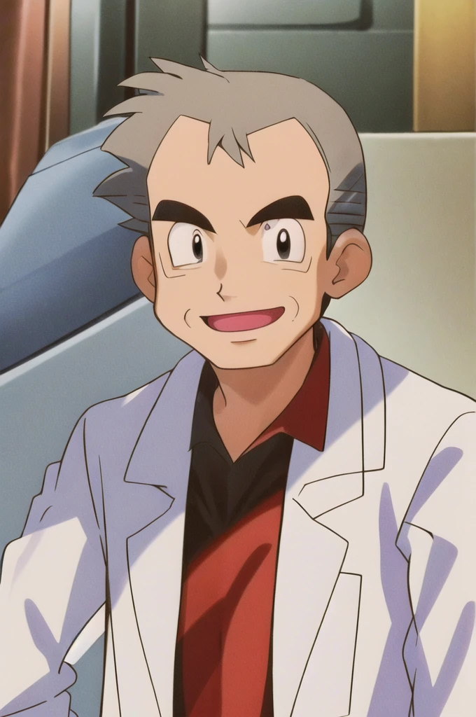 (masterpiece, best quality:1.2),1boy,solo,samuel oak \(pokemon\),upper body,black eyes,grey hair,lab coat,red shirt,looking at viewer,smile