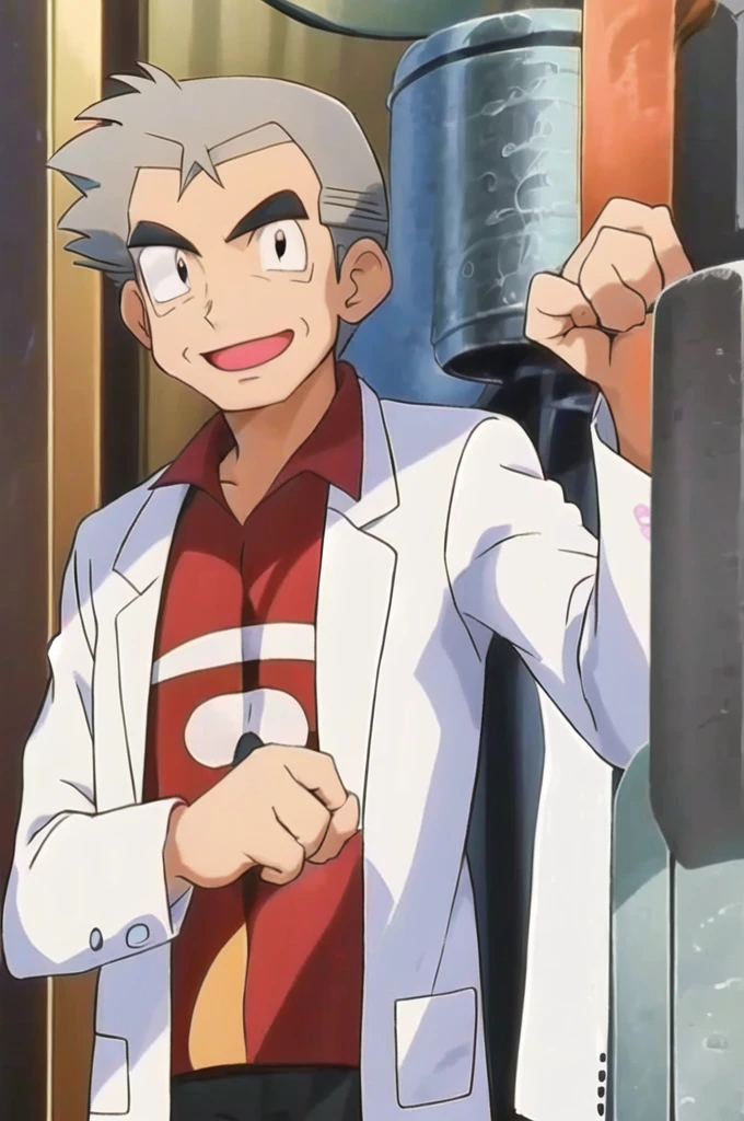 (masterpiece, best quality:1.2),1boy,solo,samuel oak \(pokemon\),upper body,black eyes,grey hair,lab coat,red shirt,looking at viewer,smile