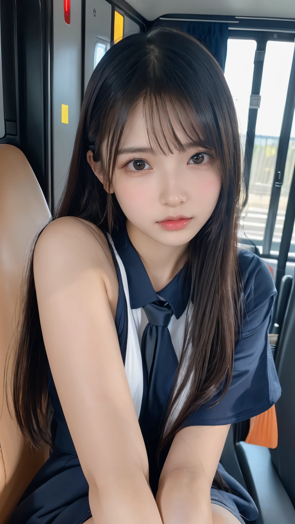 in 8K,photos realistic (1 Cute Korean Idol ) low-tied long hair, Thin makeup, Medium chest size, Close-up portrait, nffsw、Punk Girl、Pendants,FULL BODYSHOT、beauty legs、Beautiful legs、-yeld 、Ss looking at this、(Super beautiful girl:1.5)、(A detailed face)、Adult face、Bare legs, thighs、a closeup、full body Esbian、Nasty eyes,woman in a suit and tie sitting on a train, a hyperrealistic , hyperrealistic , pretty face with arms and legs, cute , ((crossed legs:1.7)), young idol,, japanese girl , juicy legs,((legs visible:1.5)),