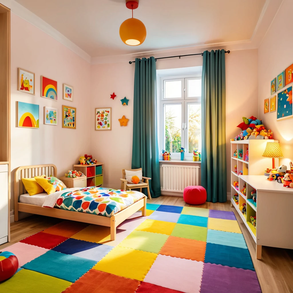 inside of a small childs toyroom, there is a bed with a colorful comforter, radiant evening light