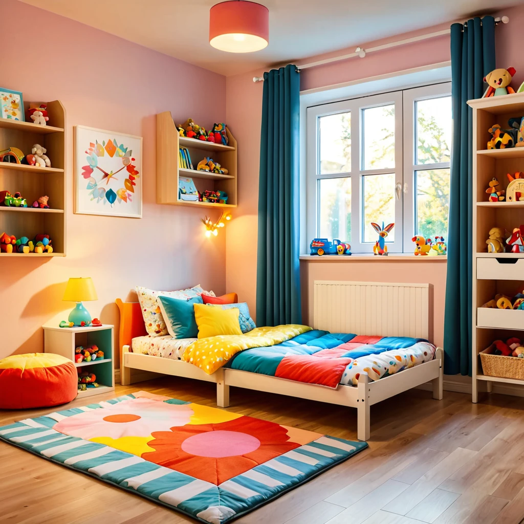 inside of a small childs toyroom, there is a bed with a colorful comforter, radiant evening light