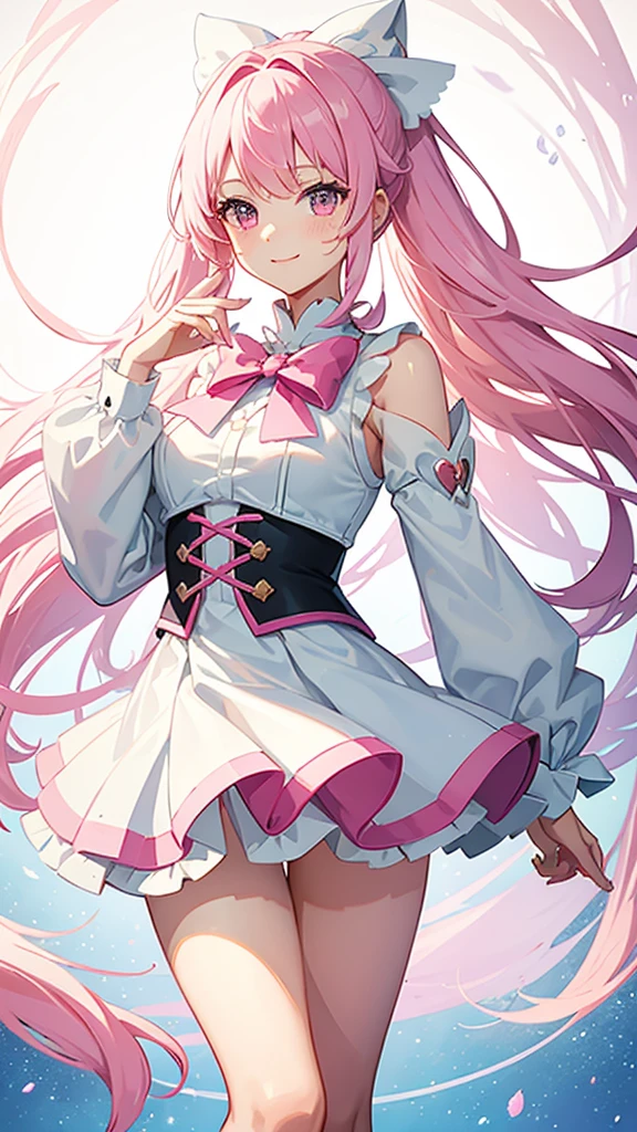 Magical girl White costume Short mini skirt Pink long hair No sleeve Ribbon in hair smile Great style Directly facing universe