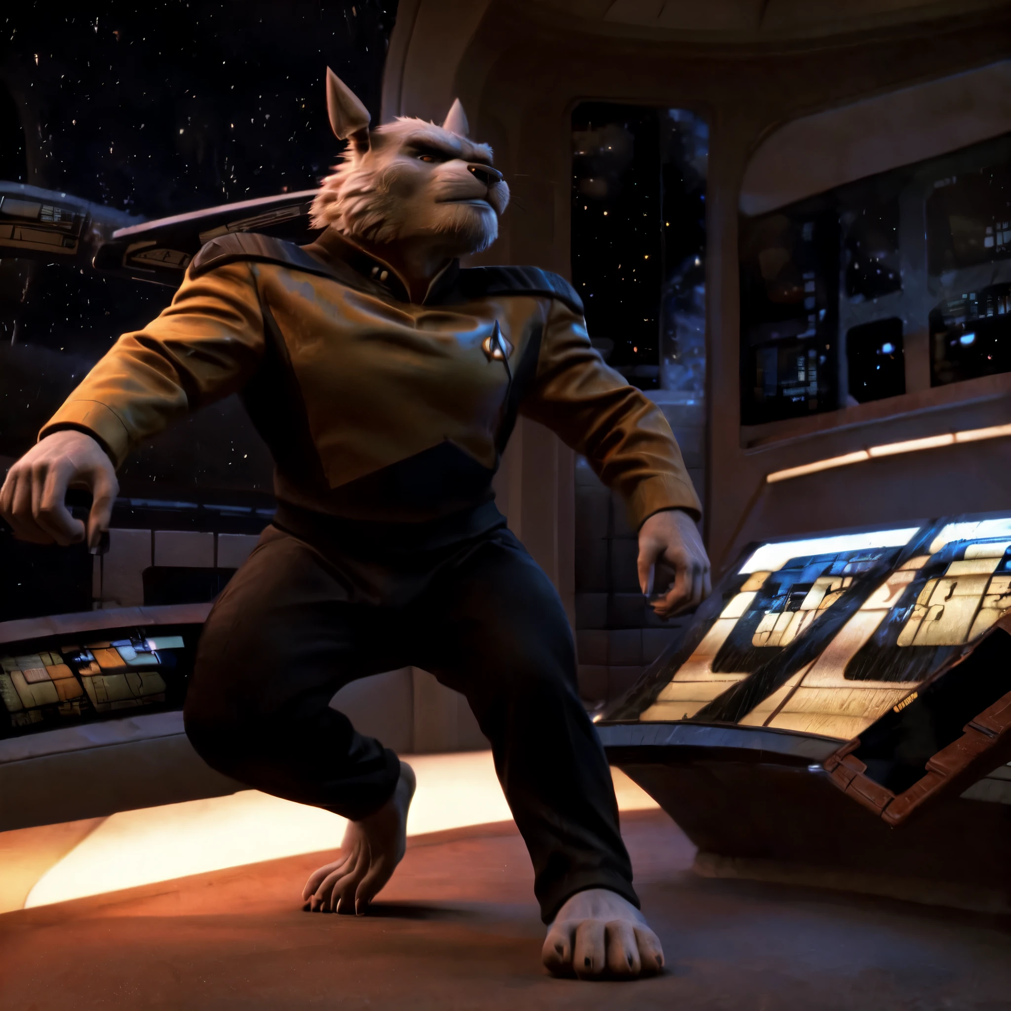 (((Barefoot furry character, full body, cinematic setting, furry male, plantigrade))) 

captain ((Totoro)), studio ghibili, furry, big, fat, whiskers, grey skin, claws,

exudes confidence and authority on starship bridge, wears star trek next generation security yellow uniform, ((s3stngunf uniform))) long black pants, muscular figure, dynamic pose, action expression

((Bridge of starship with many screens and consoles)), futuristic look, metalic, bright colors

BREAK, intricate details, highly detailed, extreme detail, octane render, fine art, best quality, highres, (detailed face:1.5), ((full_body)), UHD, (((perfect hands))), ((low light:1.5))