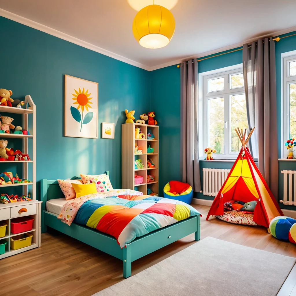 inside of a small childs toyroom, there is a bed with a colorful comforter, radiant evening light
