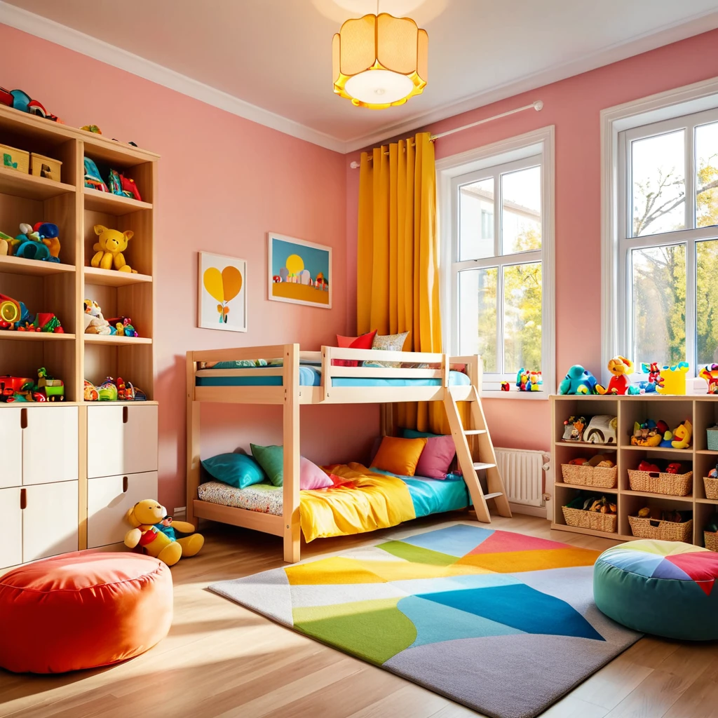 inside of a small childs toyroom, there is a bed with a colorful comforter, radiant evening light