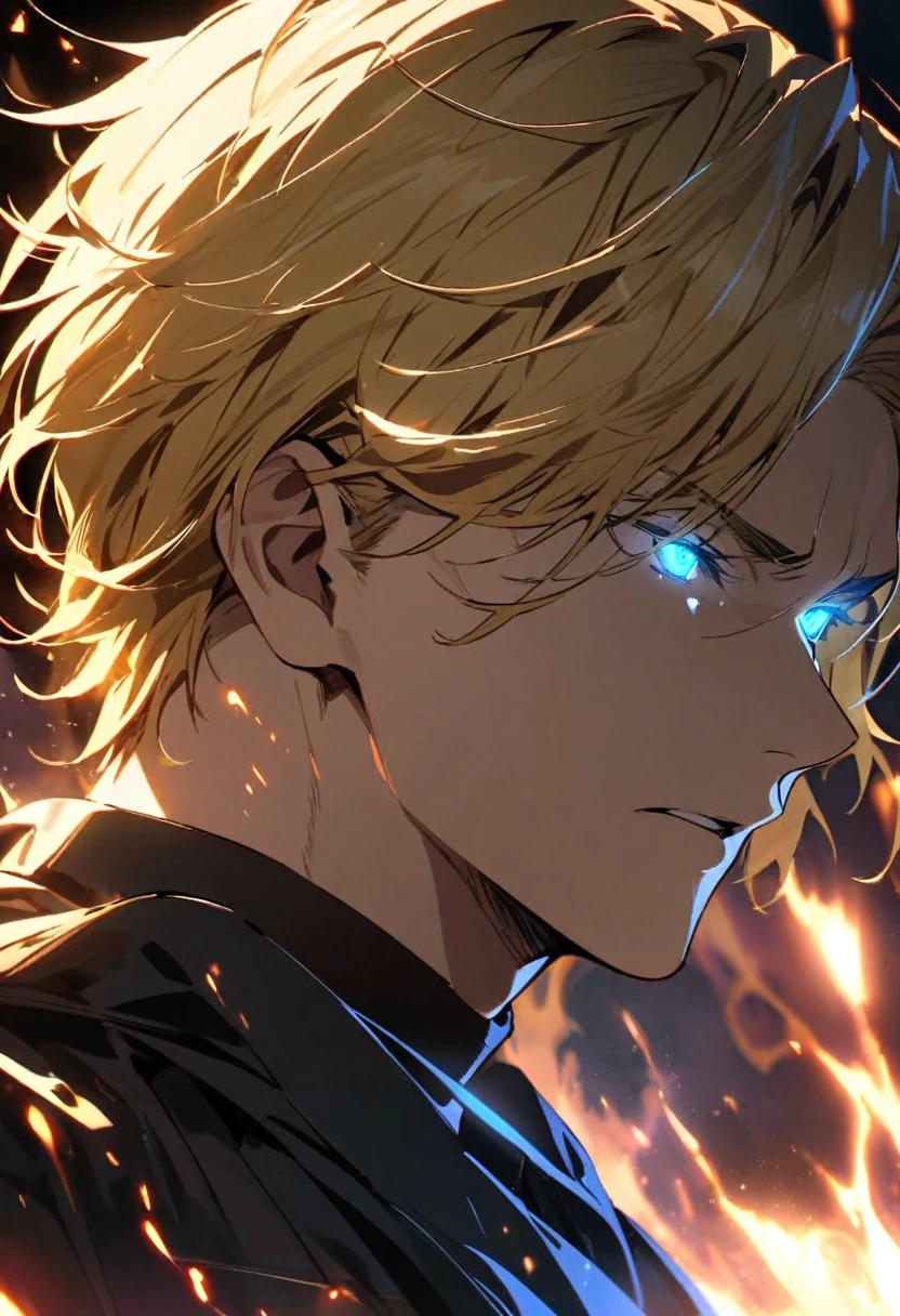 male, solo, handsome, blond hair, god, god eyes, glowing eyes, light, aura, holo, golden, face close, short hair, fighting