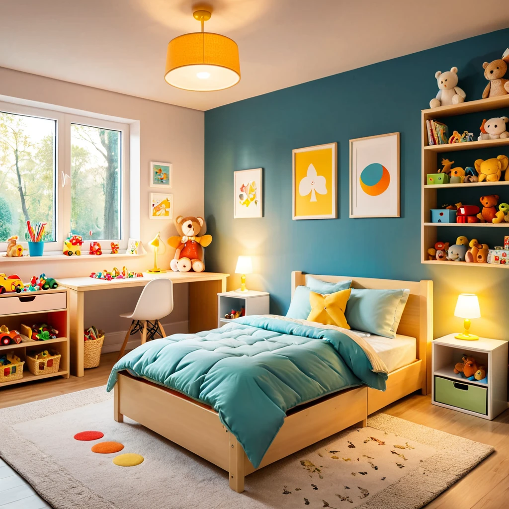 inside of a small childs toyroom, there is a bed with a comforter, radiant evening light