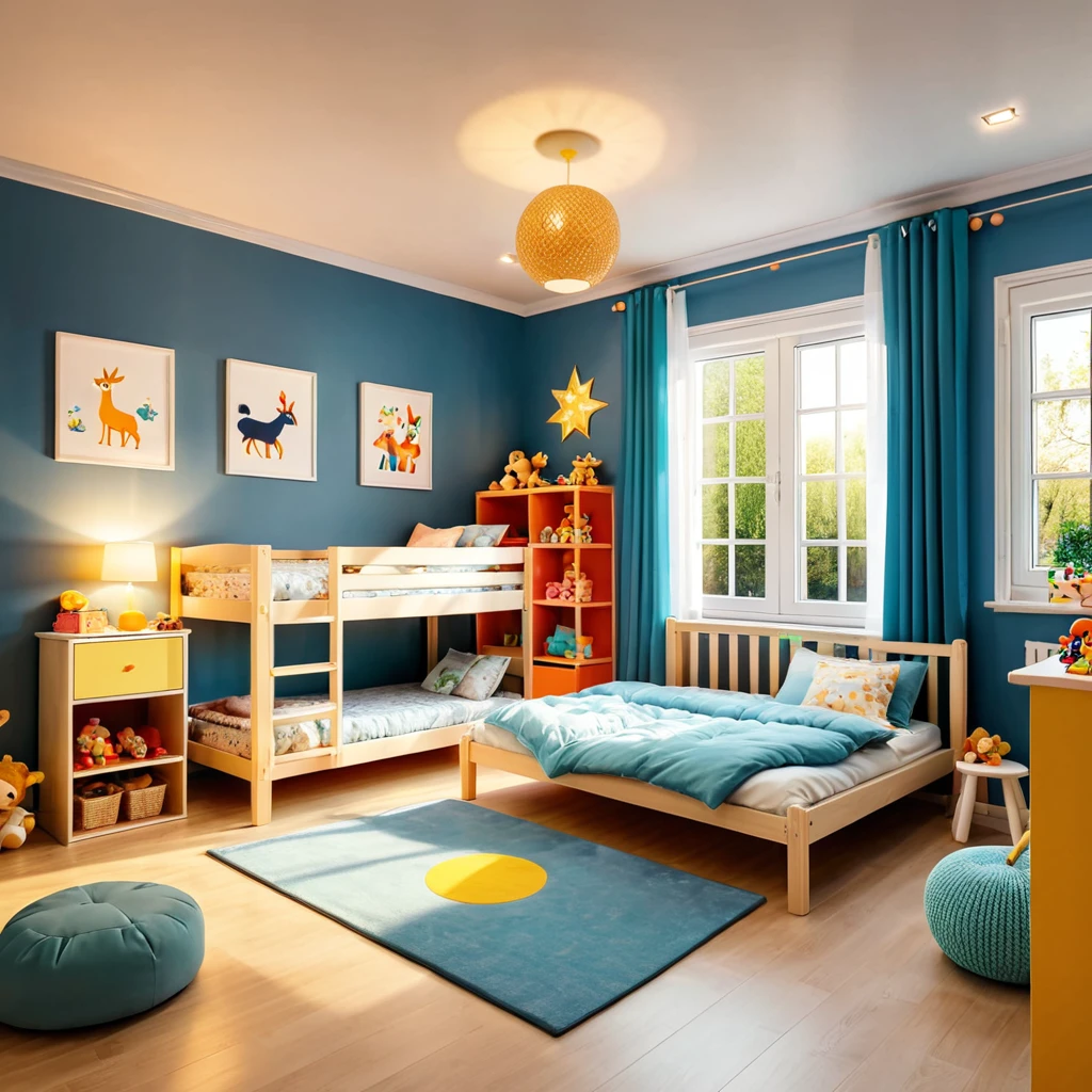 inside of a small childs toyroom, there is a bed with a  comforter, radiant evening light
