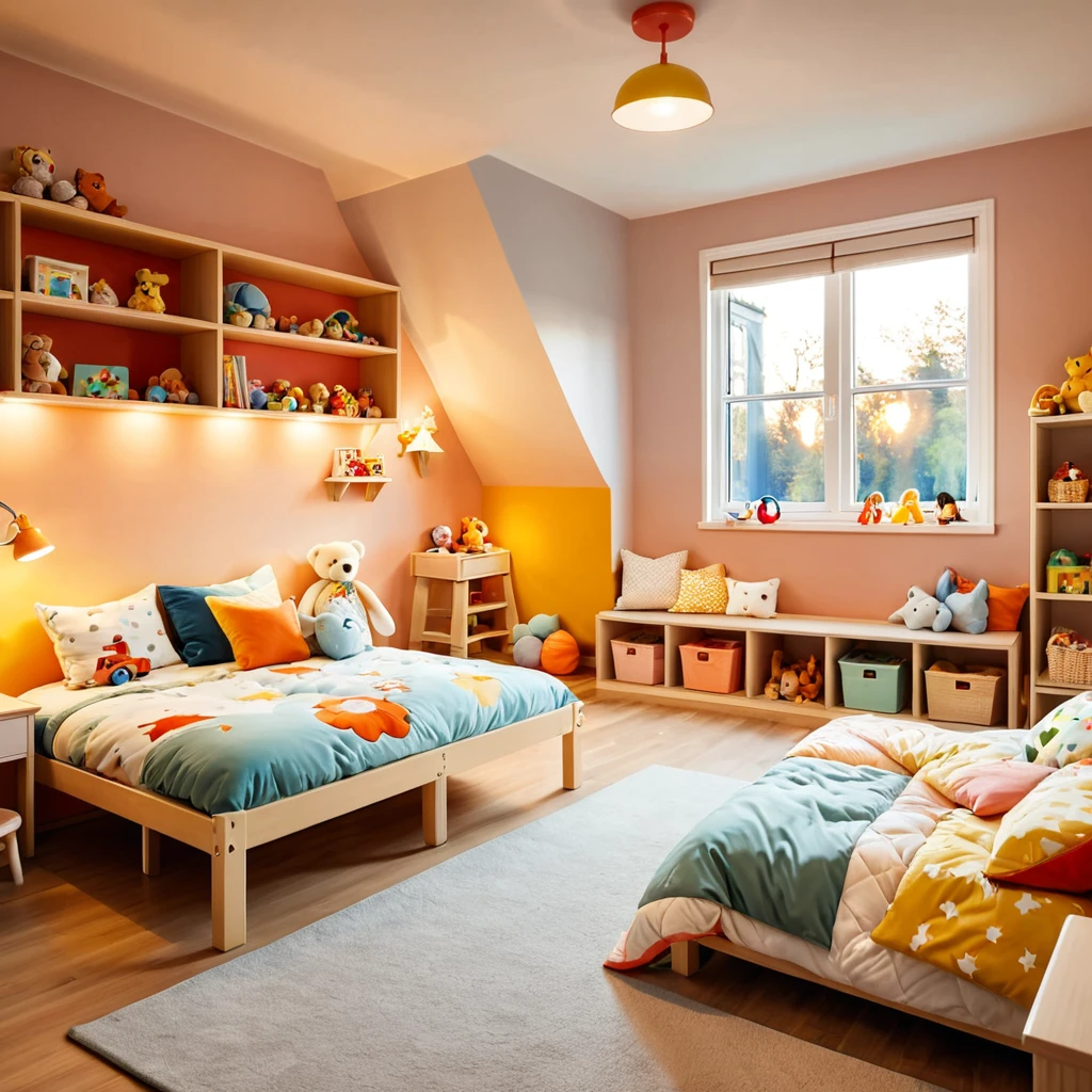 inside of a s toyroom, there is a bed with a  comforter, radiant evening light
