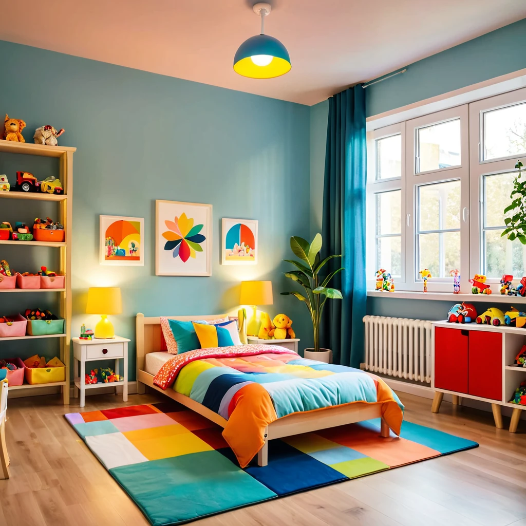 inside of a small childs toyroom, there is a bed with a colorful comforter, radiant evening light
