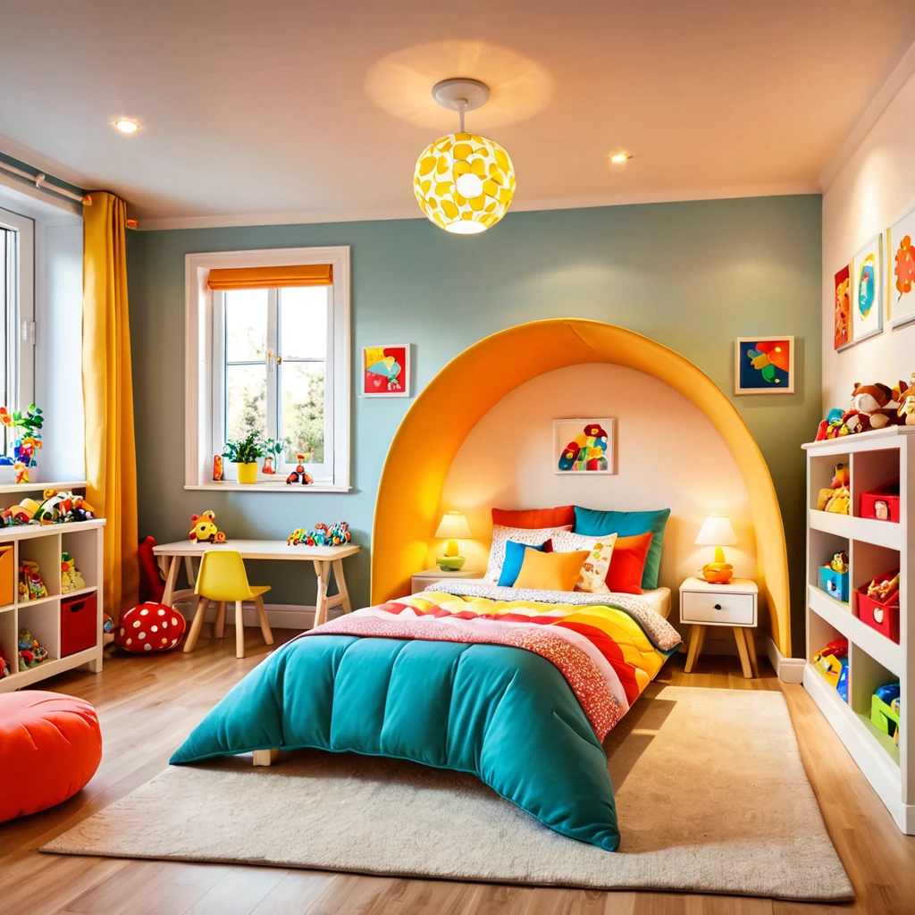 inside of a small childs toyroom, there is a bed with a colorful comforter, radiant evening light