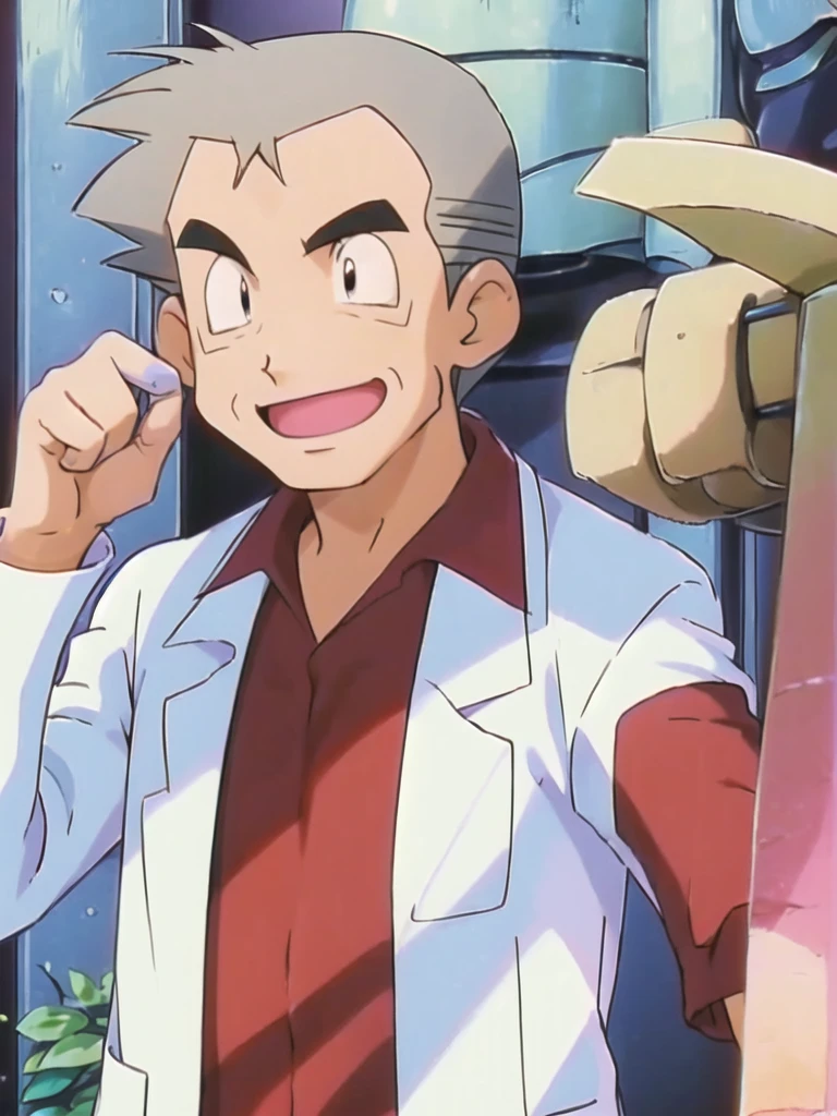 (masterpiece, best quality:1.2),1boy,solo,samuel oak \(pokemon\),upper body,black eyes,grey hair,lab coat,red shirt,looking at viewer,smile