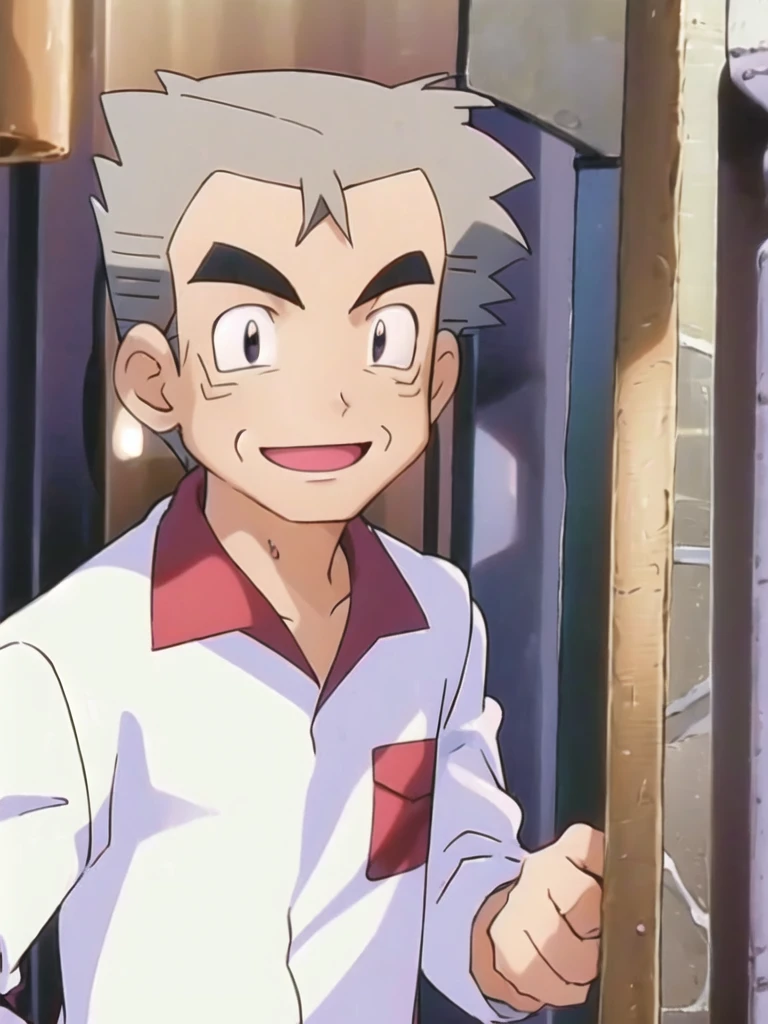(masterpiece, best quality:1.2),1boy,solo,samuel oak \(pokemon\),upper body,black eyes,grey hair,lab coat,red shirt,looking at viewer,smile